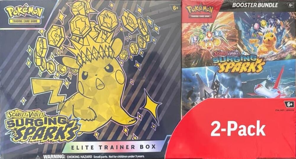 Costco Pokemon Surging Sparks 2-Pack Trainer Box and Booster Bundle Pokémon TCG sealed product from Pixel and Packs